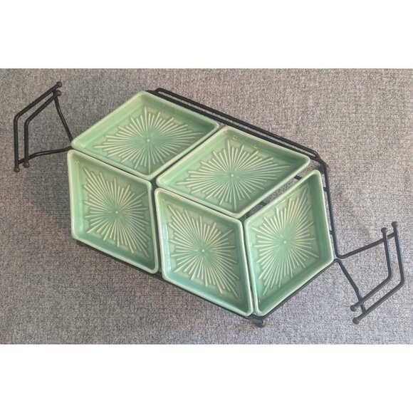 Green/Teal Glazed Ceramic Party/Snack Tray on Wire Frame, Vintage/MCM, 5pc - Picture 3 of 6